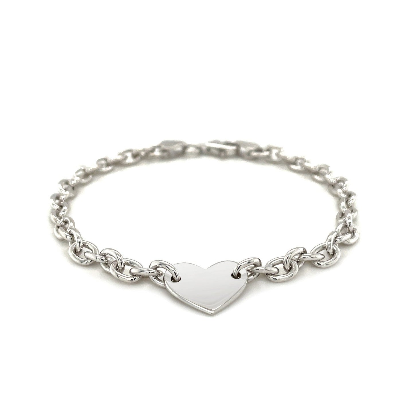 Pulsera de cadena de plata de ley con baño de rodio y corazón plano
