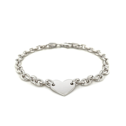 Pulsera de cadena de plata de ley con baño de rodio y corazón plano