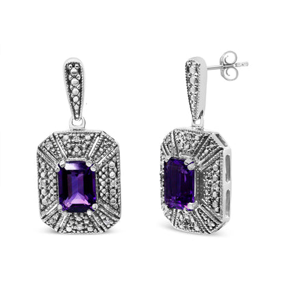 Pendientes de tuerca de plata de ley .925 con detalles de diamante y amatista morada de 7x5 mm (color I-J, claridad I2-I3)