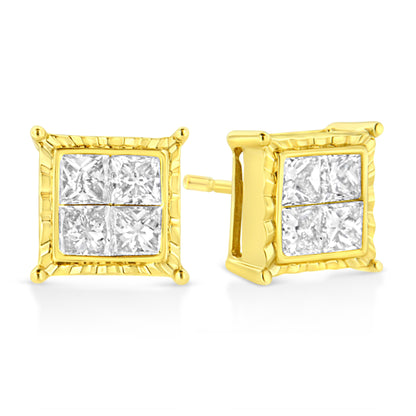 Pendientes de oro amarillo de 14 quilates, con 1.0 quilates de diamantes engastados invisibles corte princesa (8 piedras) (Color I-J, Claridad SI1-SI2)