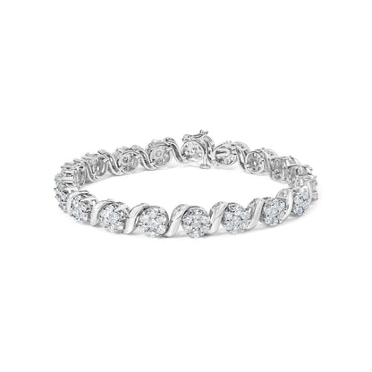 Pulsera de oro blanco de 14 quilates con racimo floral de diamantes redondos talla brillante de 7 3/8 quilates y eslabones en S (color H-I, claridad SI2-I1) - 7 pulgadas