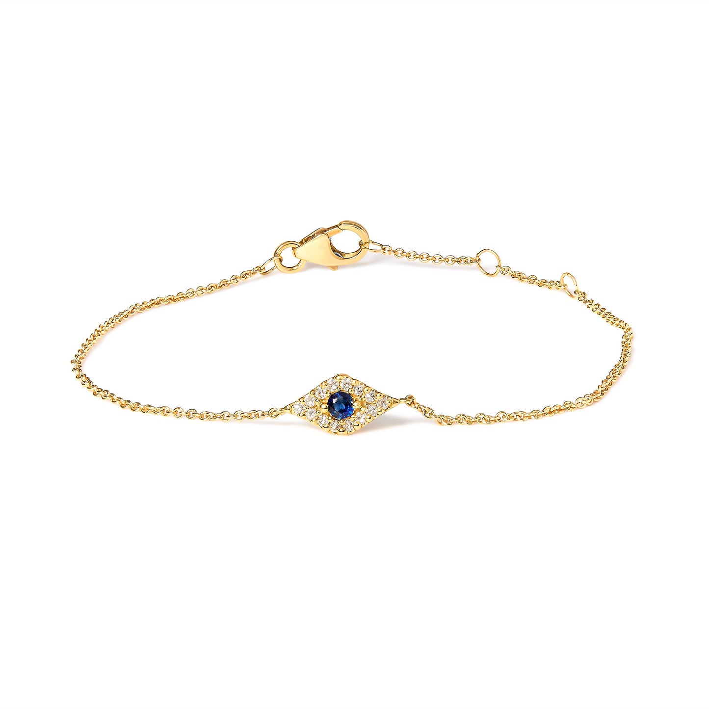 Pulsera de eslabones de estación de oro amarillo de 10 K con zafiro azul y acento de diamante de ojo turco (color H-I, claridad I1-I2) - Talla 7"