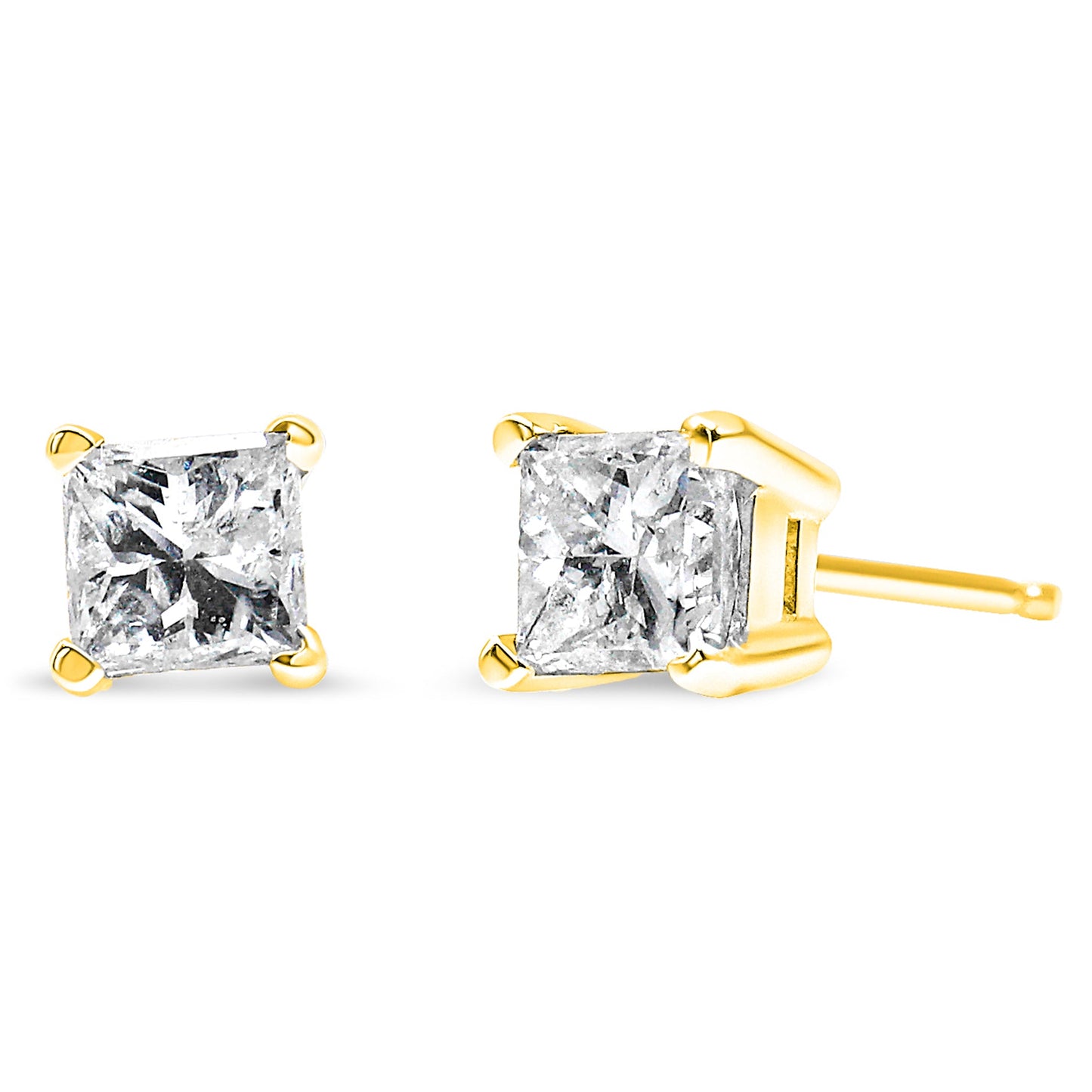 Pendientes de tuerca solitarios clásicos de oro amarillo de 14 quilates, con diamantes de talla princesa de 1/5 quilates, cuadrados, casi incoloros (Color I-J, Claridad I2-I3)
