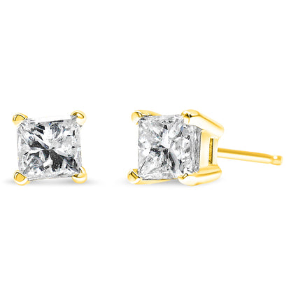 Pendientes de oro amarillo de 14k con certificación AGS, solitario de diamante talla princesa de 1/4 Cttw engarzado en 4 puntas, con cierre a presión (color H-I, claridad SI1-SI2)