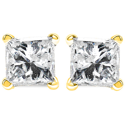Pendientes de solitario clásicos de oro amarillo de 14 quilates con diamantes cuadrados de corte princesa de 1/4 quilates en total (Color H-I, Claridad I1-I2)