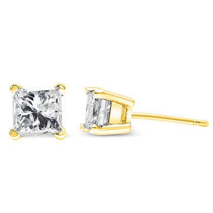 Pendientes de tuerca certificados de oro amarillo de 14 quilates con diamantes de talla princesa con claridad mejorada (0,50 ct en total, color H-I, claridad I1-I2)