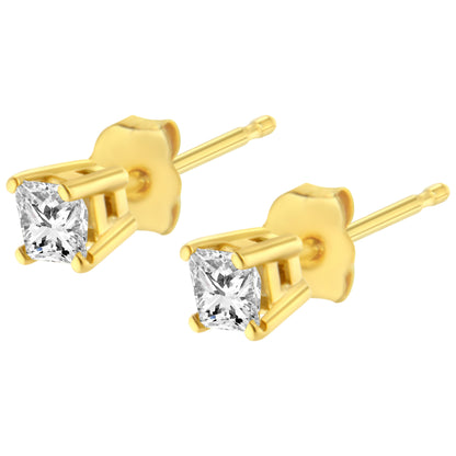 Pendientes de tuerca solitarios clásicos de oro amarillo de 14 quilates, con diamantes de talla princesa de 1/5 quilates, cuadrados, casi incoloros (Color I-J, Claridad I2-I3)