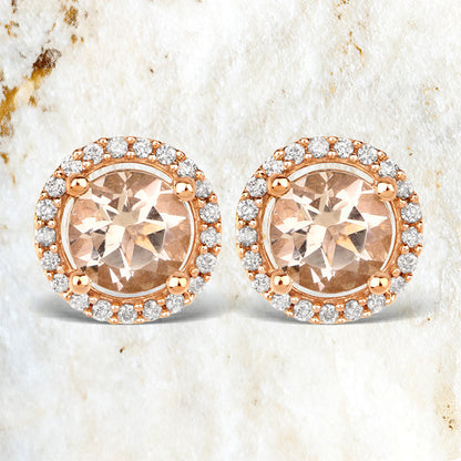 Pendientes de oro rosa de 14 quilates con morganita auténtica de 0,93 quilates y diamantes blancos