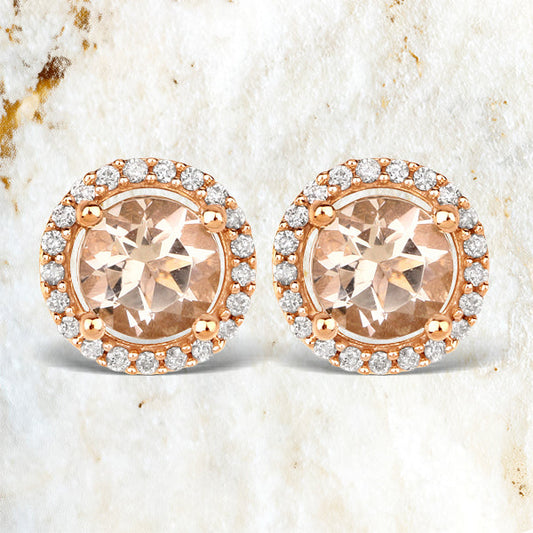 Pendientes de oro rosa de 14 quilates con morganita auténtica de 0,93 quilates y diamantes blancos