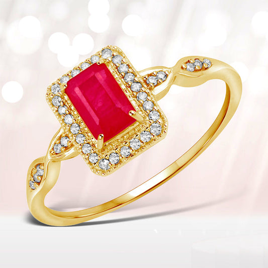 Anillo de oro amarillo de 14 quilates con rubí genuino de 0,75 quilates y diamantes blancos