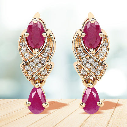 Pendientes de oro amarillo de 14 quilates con rubí genuino de 1,12 quilates y diamantes blancos