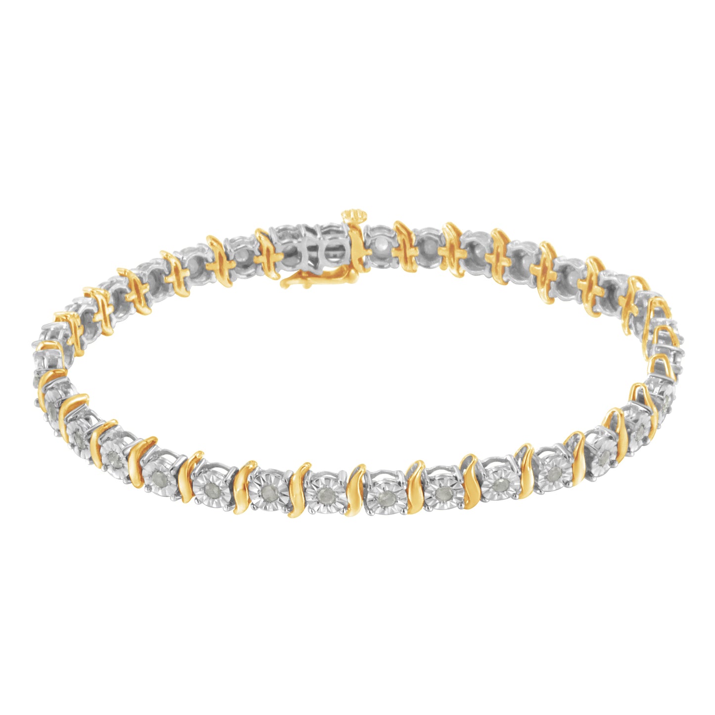 Pulsera de tenis con eslabones curvados en S con efecto milagroso de diamantes de 1,0 quilates (color I-J, claridad I3) en oro amarillo de 10 quilates y plata de ley .925 de dos tonos - 7"