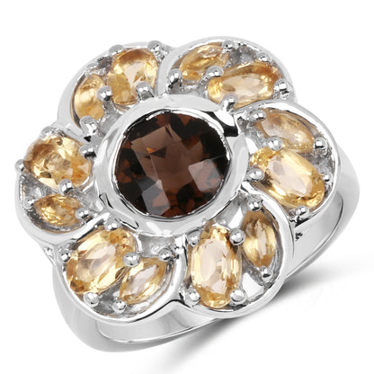 Anillo de plata de ley .925 con cuarzo ahumado y citrino auténticos de 3,46 quilates