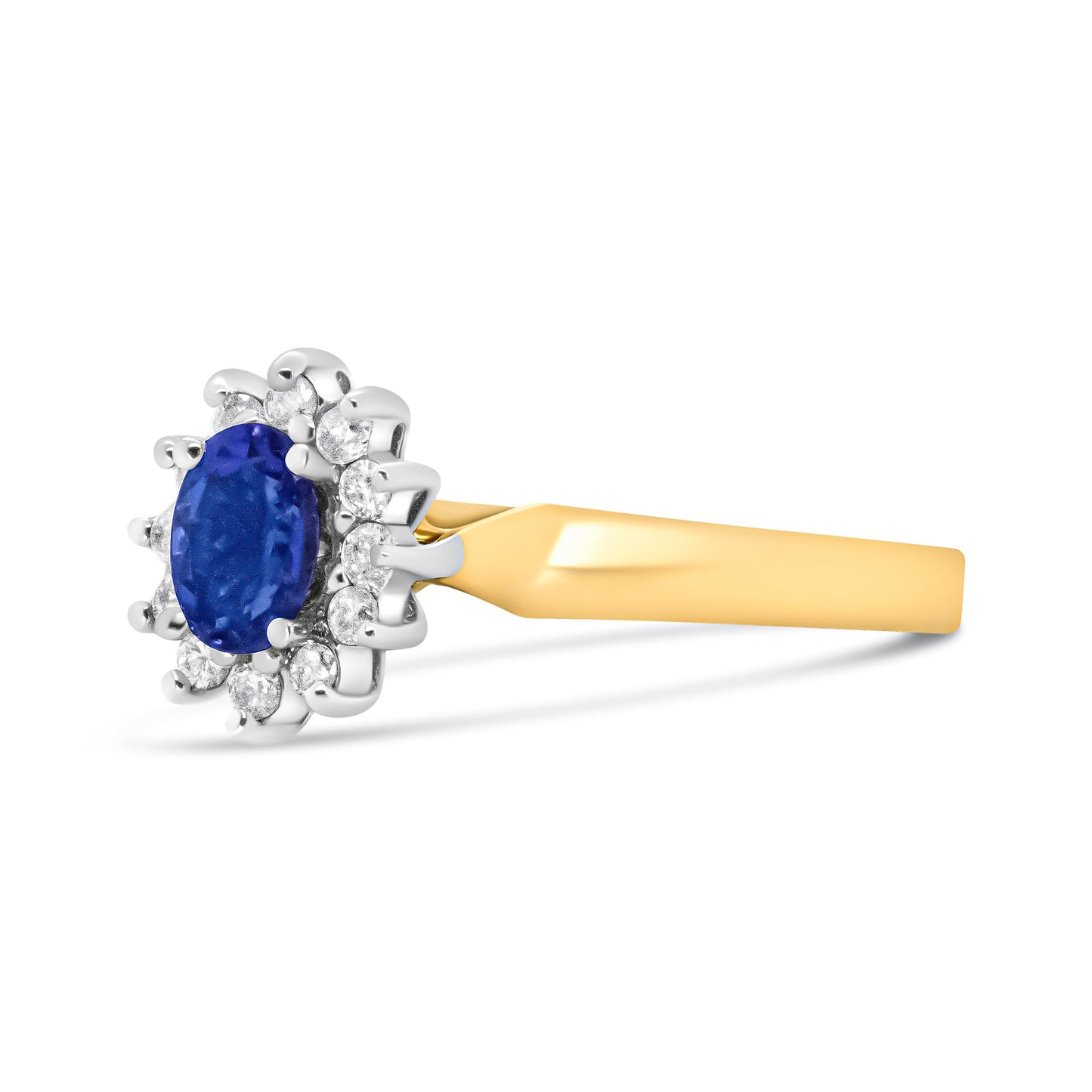 Anillo de Halo de Oro Amarillo de 14K con Diamantes Redondos de 1/5 Cttw y Tanzanita Azul Ovalada de 6x4mm (Color H-I, Claridad I1-I2) - Talla 7.75