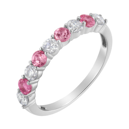 Anillo de oro blanco de 10 qt con diamantes de 0,5 qt y zafiro azul creado de 3 mm (H-I, I1-I2) - Talla 7