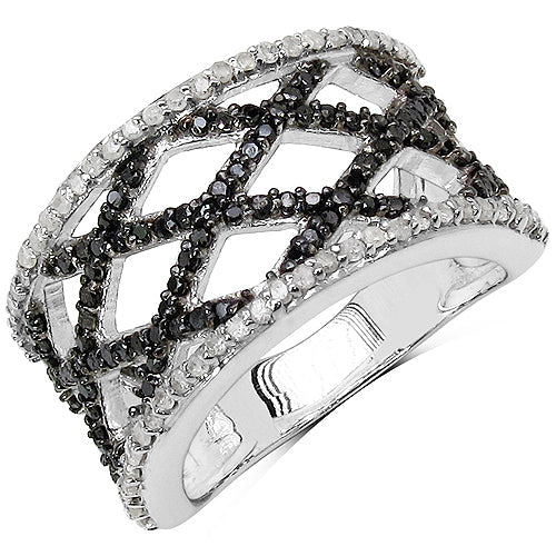 Anillo de plata de ley .925 con diamante negro genuino de 0.92 quilates y diamante blanco