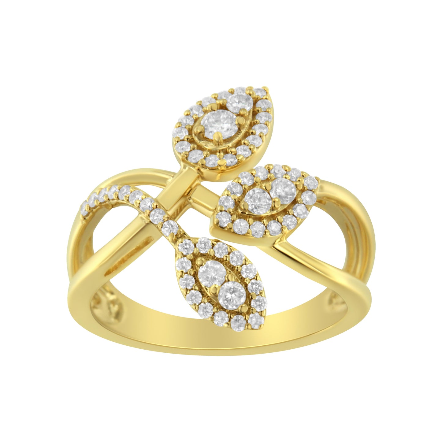 Anillo con tres hojas superpuestas de oro amarillo de 10 qt con diamantes de talla redonda de 1/2 quilate (color I-J, claridad I1-I2) - Talla 7