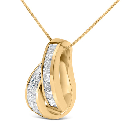 Collar con colgante de barra doble de oro amarillo de 14 quilates con diamantes talla princesa y baguette de 1 5/8 qt (color G-H, claridad VS2-SI1) - 18"