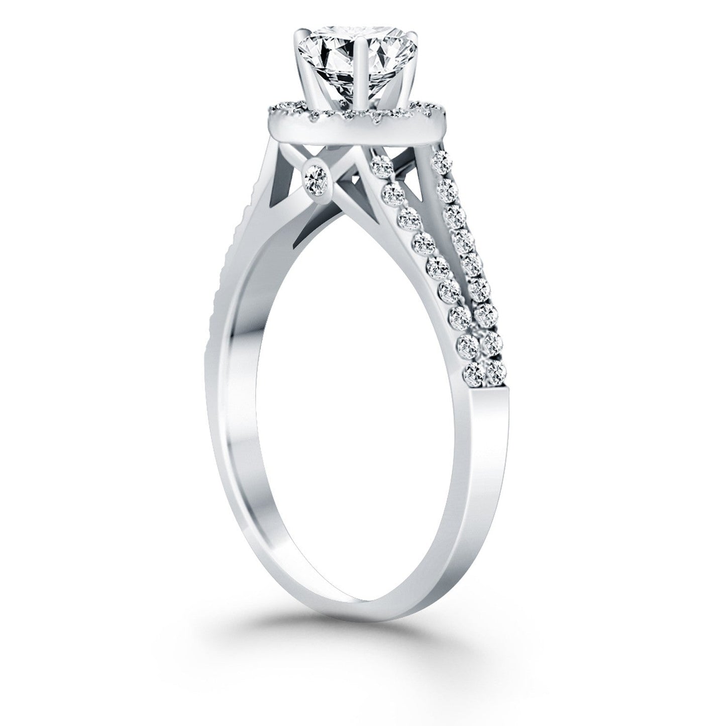 Anillo de compromiso de oro blanco de 14k con halo de diamantes y brazo dividido