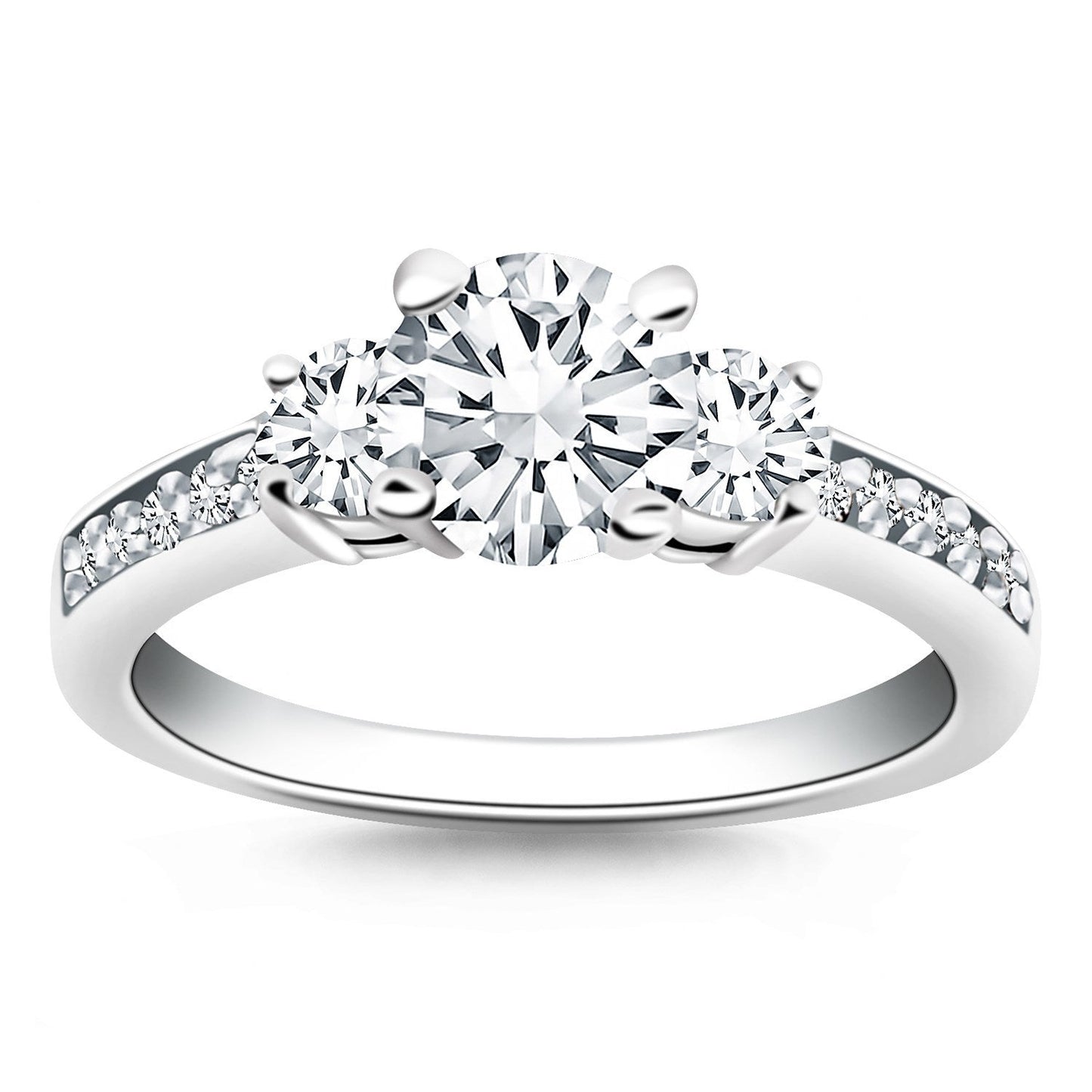 Anillo de compromiso de oro blanco de 14 quilates con tres piedras y banda de diamantes