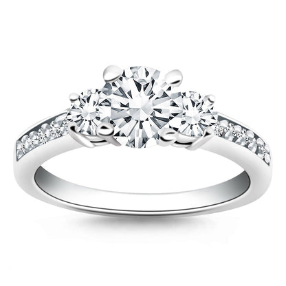 Anillo de compromiso de oro blanco de 14 quilates con tres piedras y banda de diamantes