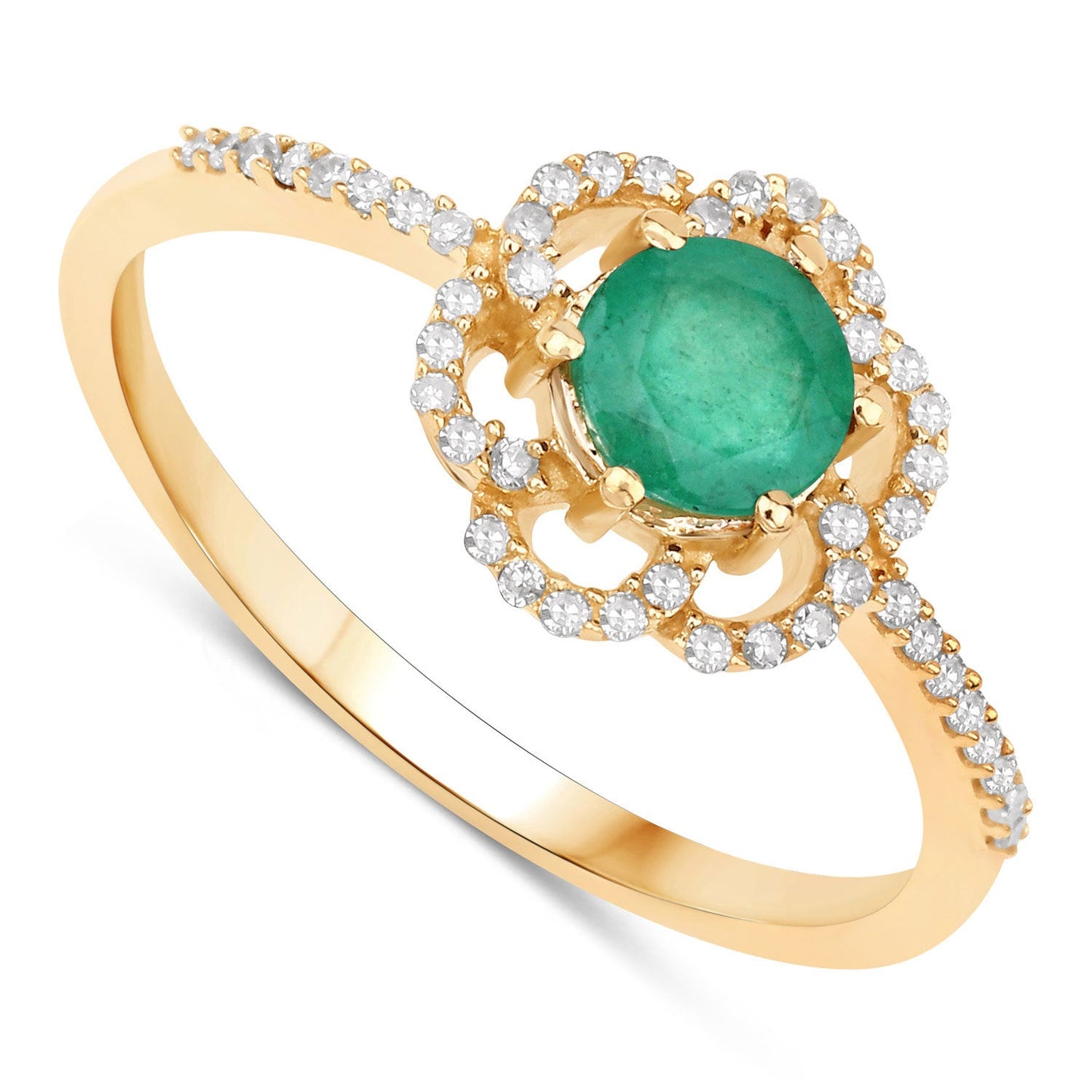 Anillo de oro amarillo de 14 quilates con esmeralda zambiana genuina de 0,55 quilates y diamante blanco