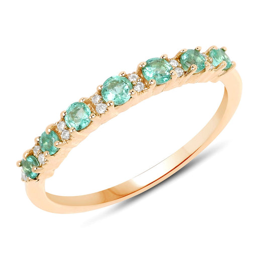 Anillo de oro amarillo de 14 quilates con esmeralda zambiana auténtica de 0,41 quilates y diamantes blancos