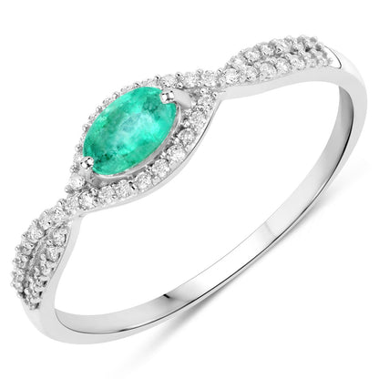 Anillo de oro blanco de 14K con esmeralda zambiana auténtica de 0,32 quilates y diamantes blancos