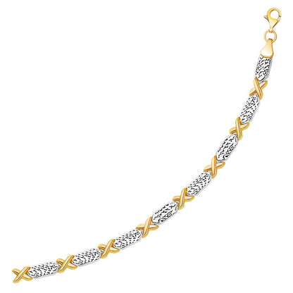 Pulsera de oro de 14k de dos tonos con diseño de líneas en X