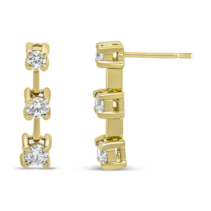 Pendientes de botón en oro amarillo de 14 quilates con diamantes redondos de 1/2 quilate en total, de tres piedras, en cascada lineal y con diseño de pasado, presente y futuro (color H-I, claridad SI1-SI2)