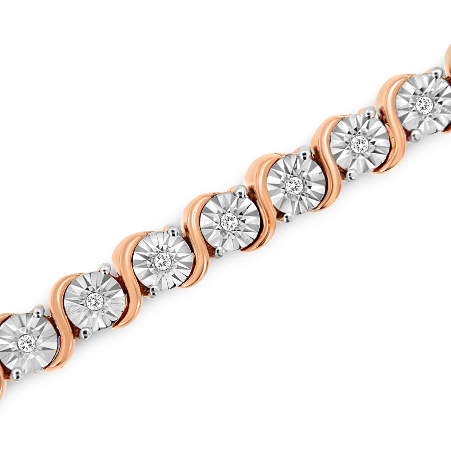 Pulsera de tenis de oro rosa de 14 quilates con baño de plata de ley .925 y diamante de 1/4 qt engastado en placa de ilusión con eslabones en "S" (color I-J, claridad I2-I3) - 7"