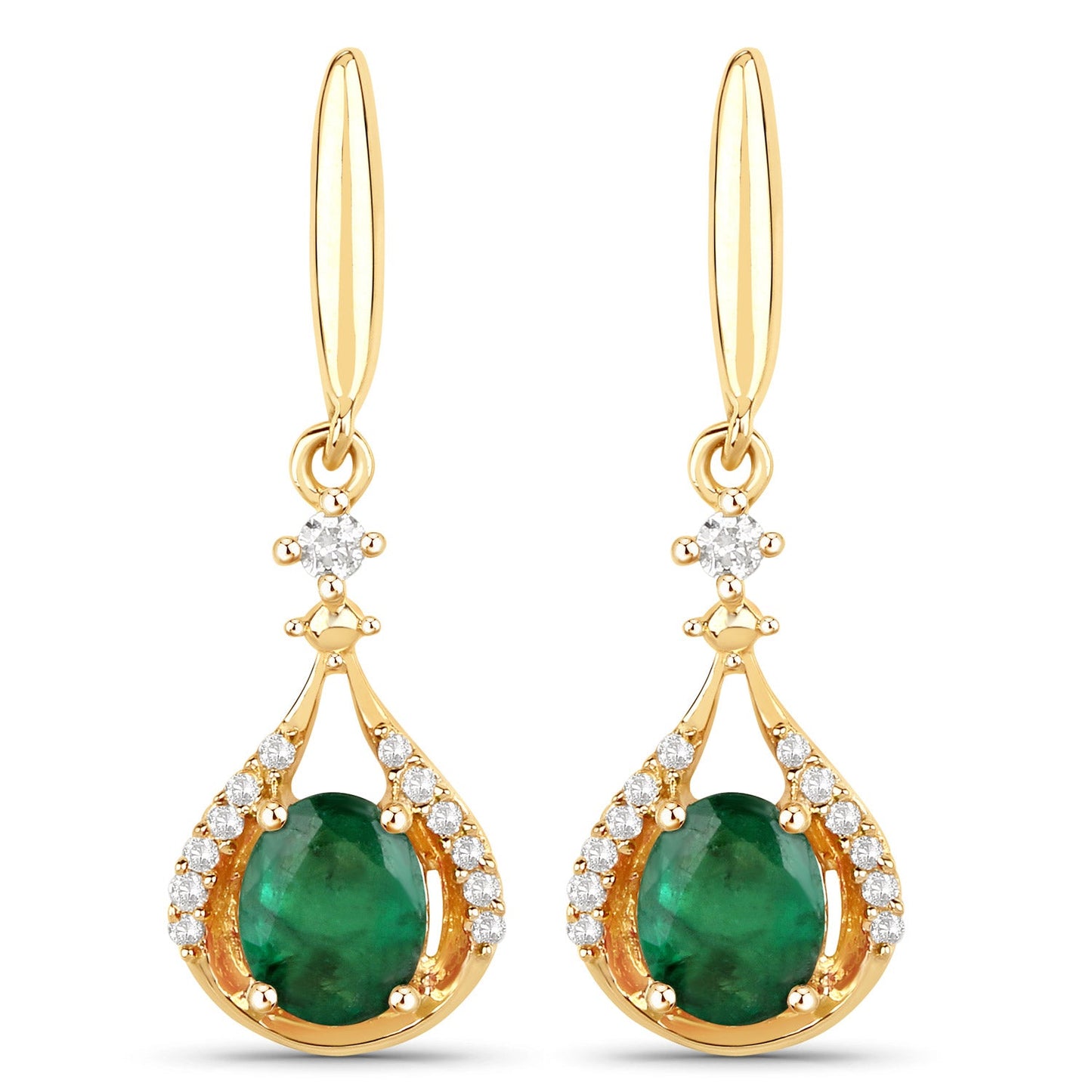 Pendientes de oro amarillo de 14 quilates con esmeralda zambiana auténtica de 0,70 quilates y diamantes blancos