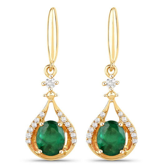 Pendientes de oro amarillo de 14 quilates con esmeralda zambiana auténtica de 0,70 quilates y diamantes blancos