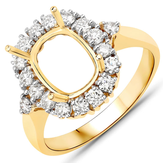 Anillo de Montura Semiterminada de Oro Amarillo de 14K con Diamante Blanco Genuino de 0,54 Quilates - Contiene Gema Cojín de 9x7 mm