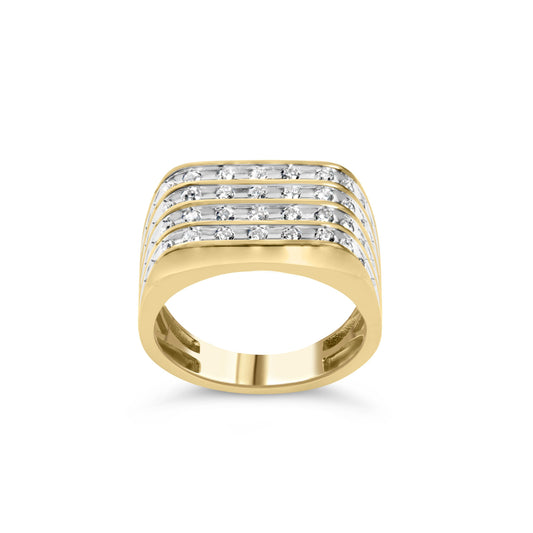 Anillo de hombre de oro amarillo de 10K con varias filas de diamantes de 1,00 quilates