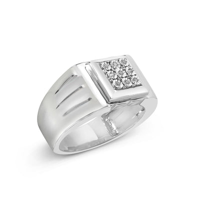 Anillo de moda para hombre de plata esterlina .925 con acentos de diamante en engaste milagro de 9 piedras y banda estriada (color I-J, claridad I3) - Talla 10