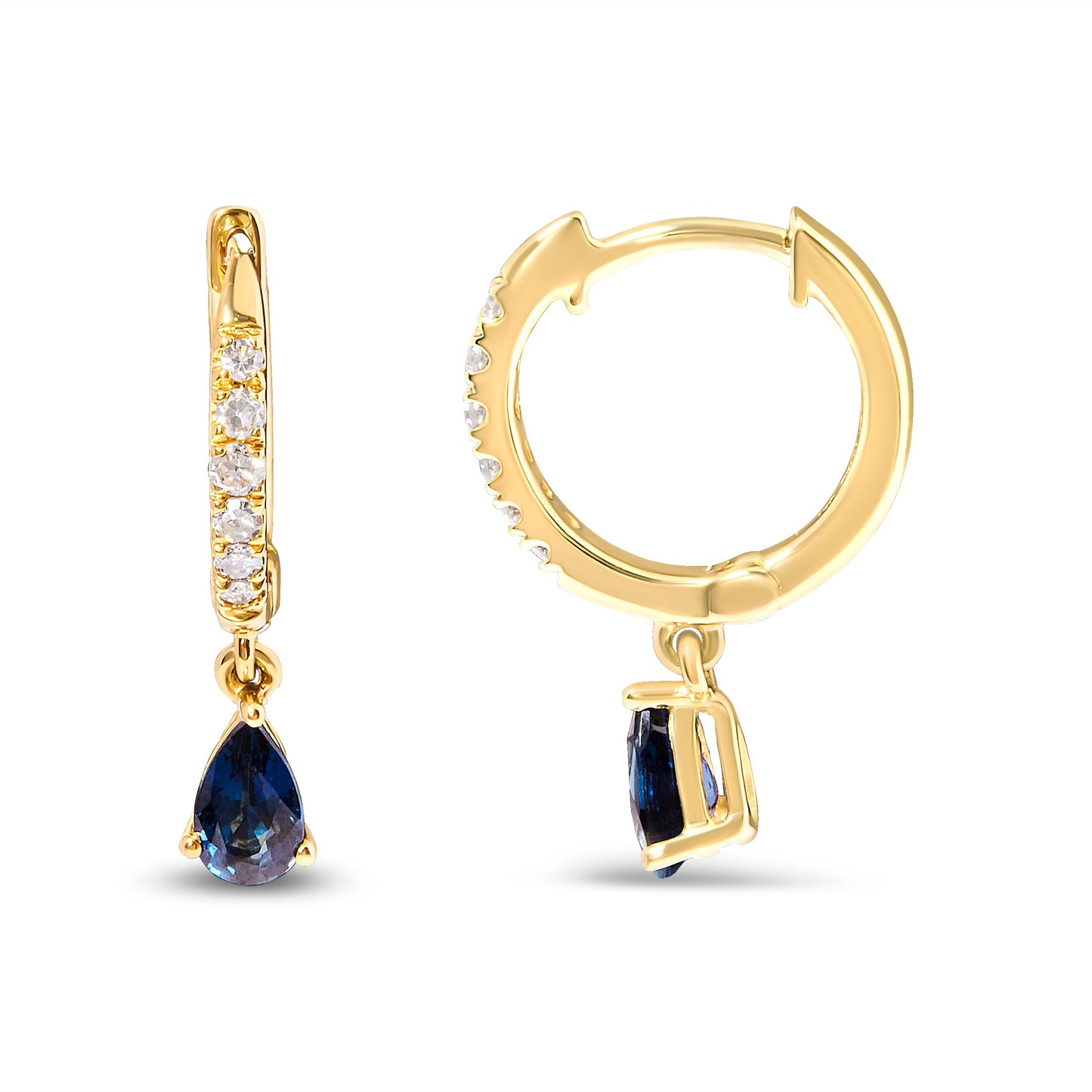 Pendientes de aro tipo Huggie con colgante de gota de zafiro azul con forma de pera de oro amarillo de 10 qt y diamantes de 1/10 ct. (color H-I, claridad I1-I2)