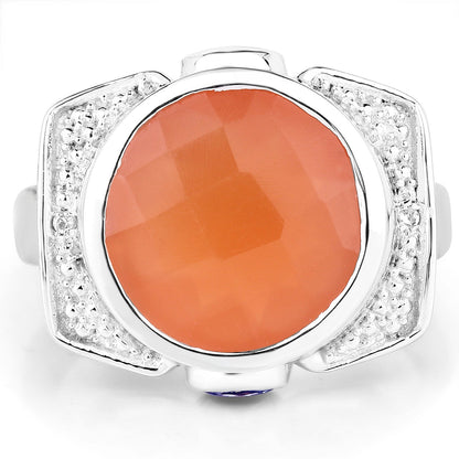 Anillo de plata de ley .925 con piedra lunar melocotón genuina de 5.99 quilates, tanzanita y topacio blanco