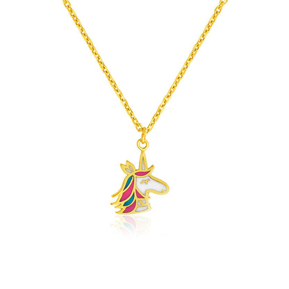 Gargantilla de oro amarillo de 14 quilates para niña con colgante de unicornio esmaltado