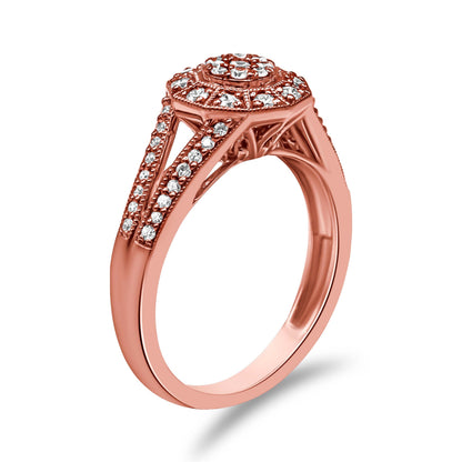 Anillo de cóctel con halo de diamantes pavé de 1/2 quilate, en plata de ley 925 con baño de oro rosa de 14 quilates, con vástago dividido (color I-J, claridad I1-I2) - Talla 6