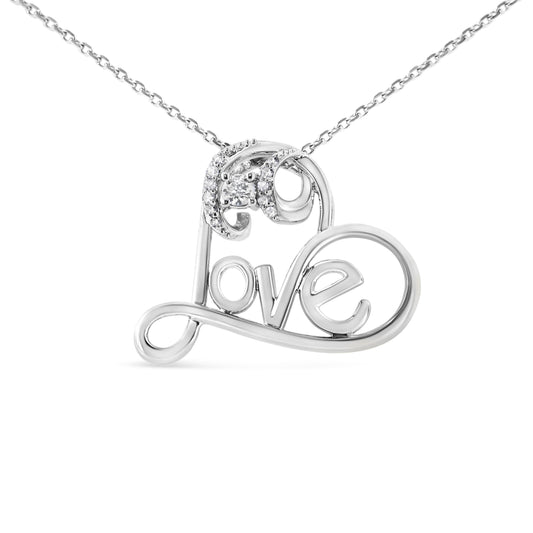 Collar con colgante de plata esterlina .925 con corazón abierto, acentuado con diamantes redondos talla brillante de 1/6 Cttw con la palabra "Love", 45.7 cm (color H-I, claridad I1-I2)