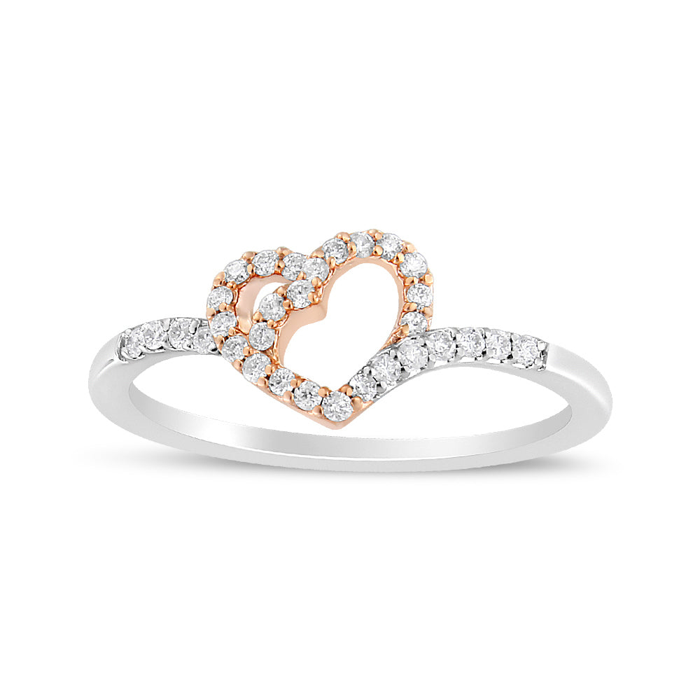 Anillo de promesa de corazón abierto de oro rosa de 14 quilates y plata de ley 925 con baño de oro, diamantes de talla redonda de 1/5 quilates (color I-J, claridad I2-I3) - Talla 7