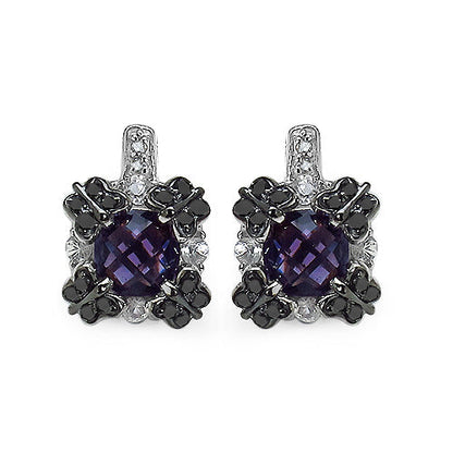 Pendientes de plata de ley .925 con amatista, zafiro blanco y diamante negro auténticos de 2,67 quilates