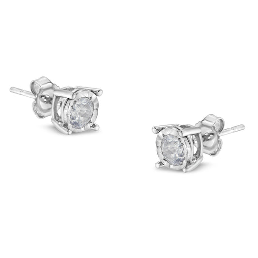 Pendientes de botón de plata de ley 925 con diamantes redondos brillantes de 1/2 quilate de color casi incoloro engarzados en milagro (color H-I, claridad I2-I3)