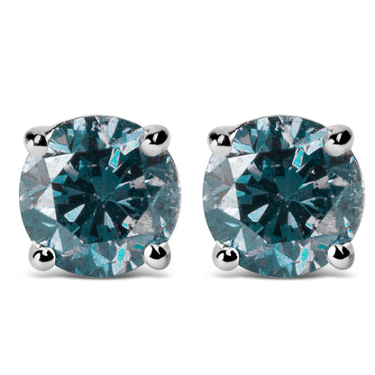 Pendientes de tuerca solitarios clásicos de oro blanco de 14 quilates con diamantes azules cultivados en laboratorio de talla brillante redonda de 1/2 quilate (Color azul, Claridad VVS2-VS1)