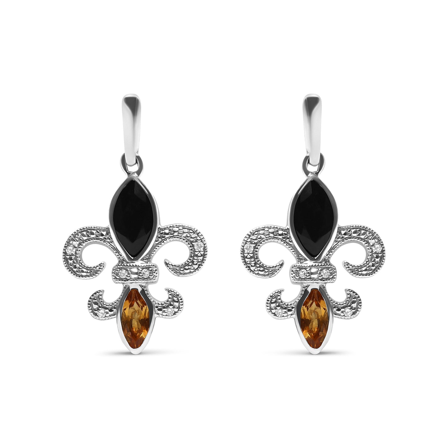 Pendientes colgantes de plata de ley .925 con forma de flor de lis, ónix y citrino talla marquesa con acento de diamante (color H-I, claridad SI1-SI2)