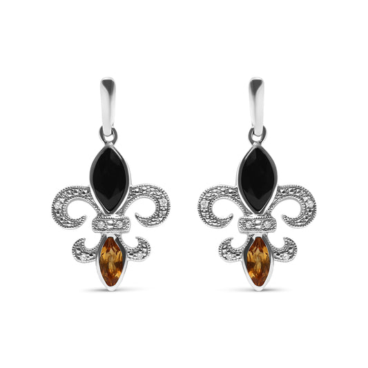 Pendientes colgantes de plata de ley .925 con forma de flor de lis, ónix y citrino talla marquesa con acento de diamante (color H-I, claridad SI1-SI2)