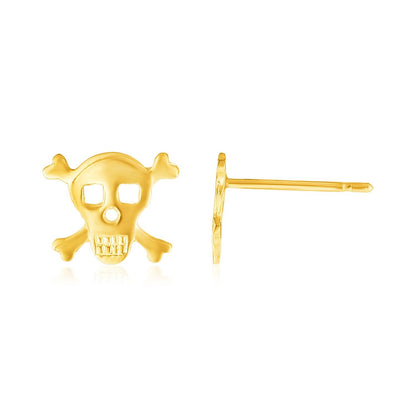 Pendientes de poste de oro amarillo de 14 quilates con calavera y tibias cruzadas