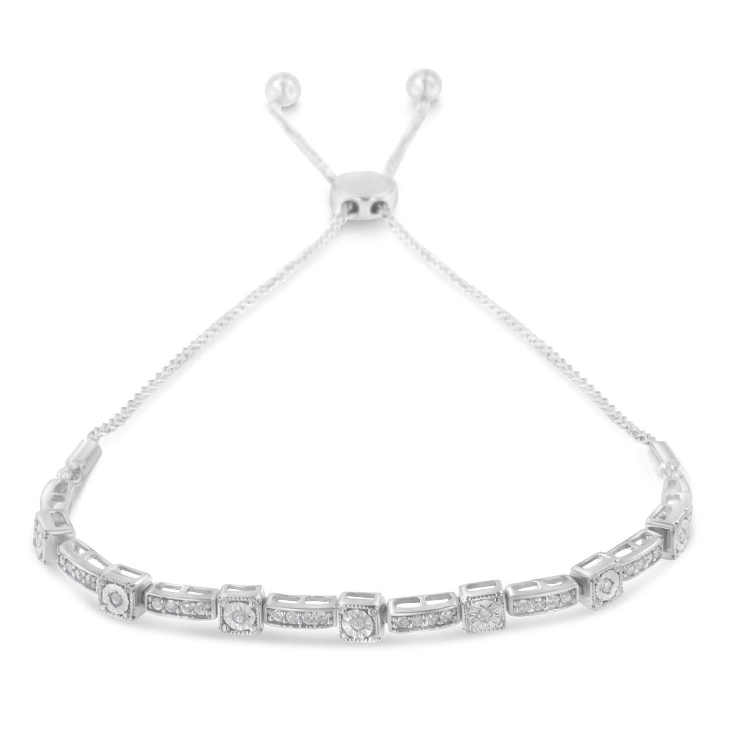 Brazalete de plata de ley .925 con 1/4 quilate total de diamante, ajustable de 4 a 10 pulgadas, con diseño alternado de cuadrados y rectángulos (Color I-J, Claridad I3)