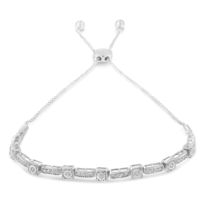 Brazalete de plata de ley .925 con 1/4 quilate total de diamante, ajustable de 4 a 10 pulgadas, con diseño alternado de cuadrados y rectángulos (Color I-J, Claridad I3)